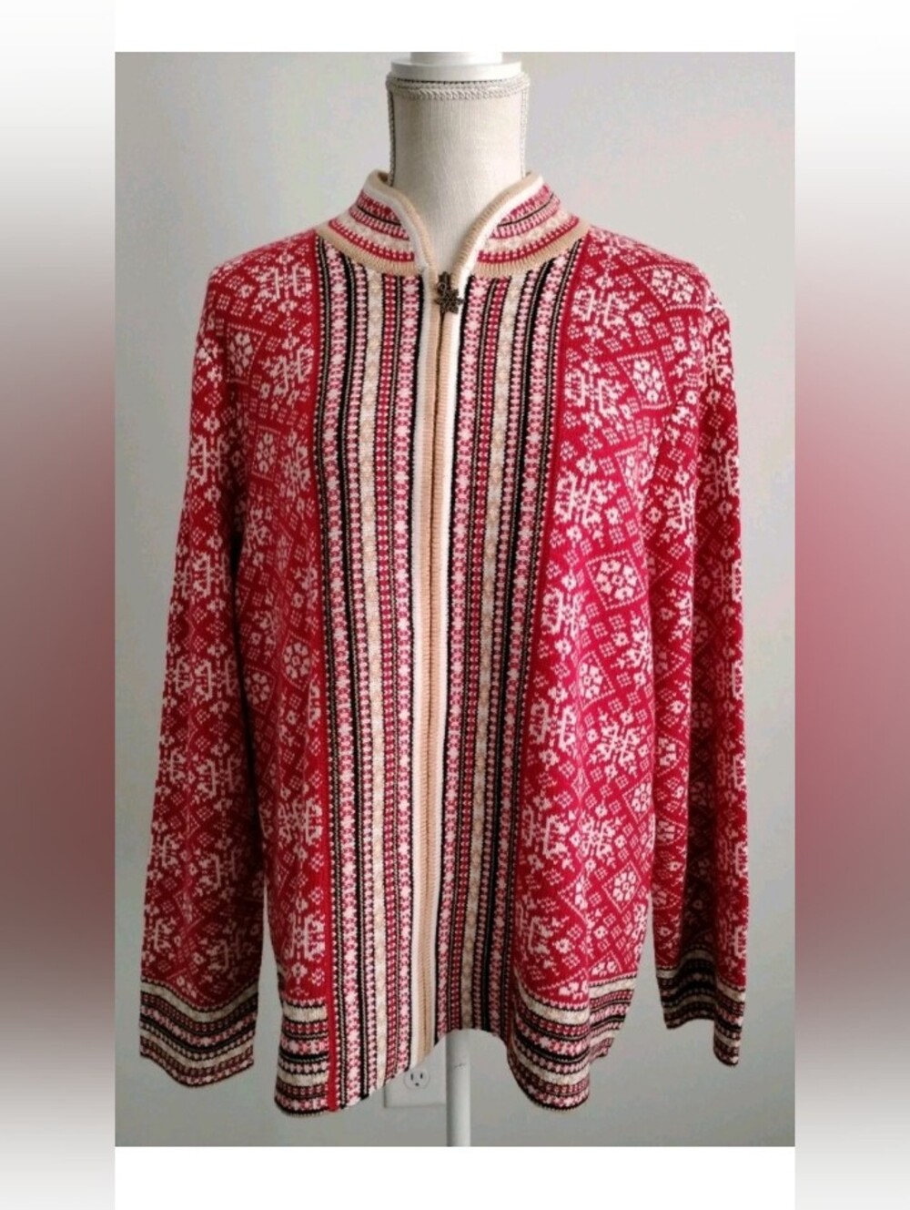 Appleseed's Snowflake Print Fair Isle Full Zip Sweater Wool Blend Women's SZ XL